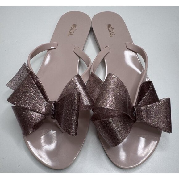 Melissa Women's Rubber Pink Bow Glitter Flip Flops Size 9 - Picture 2 of 12